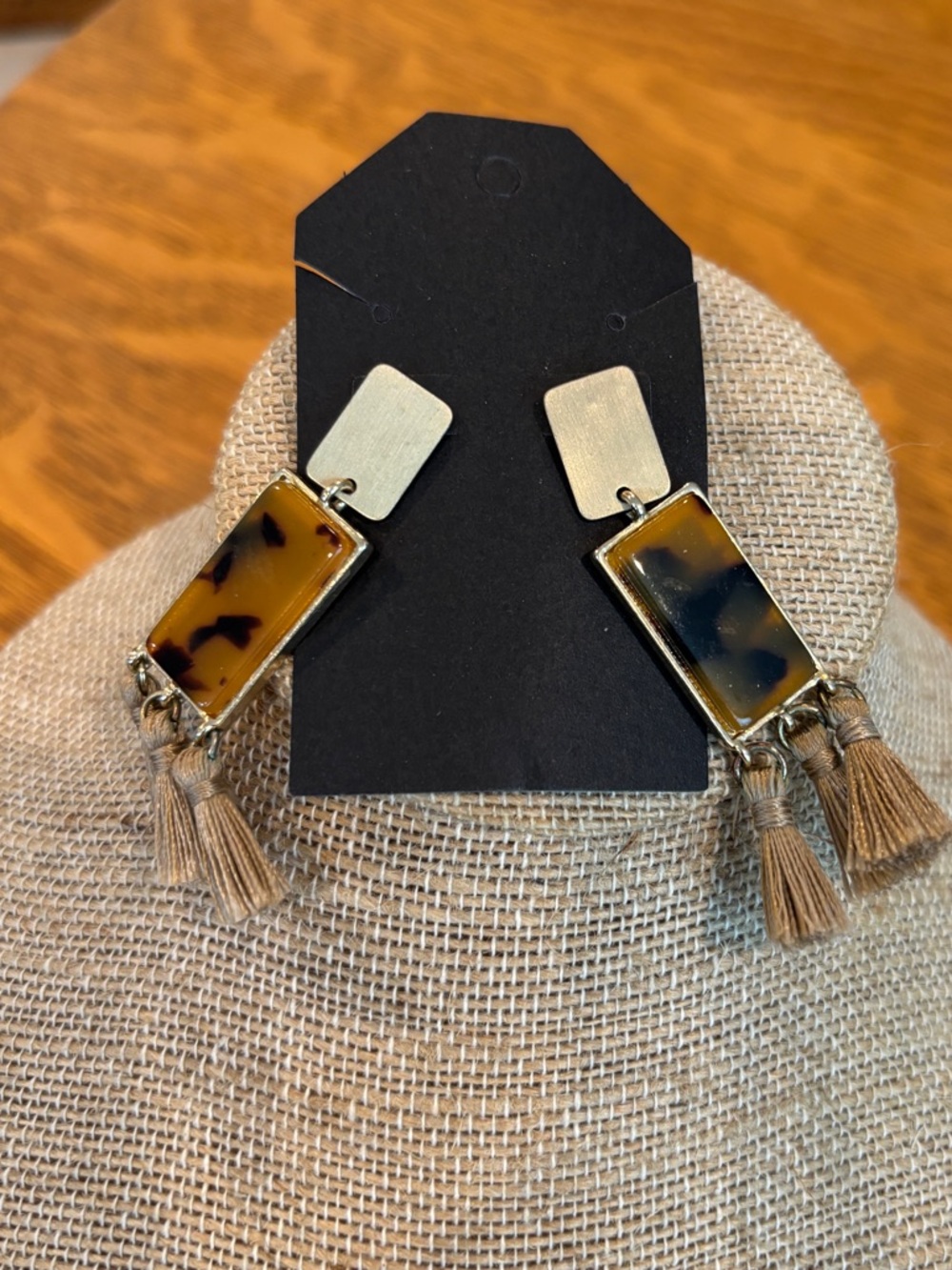 Tortoiseshell Rectangle Tassel Drop Earrings - Brown